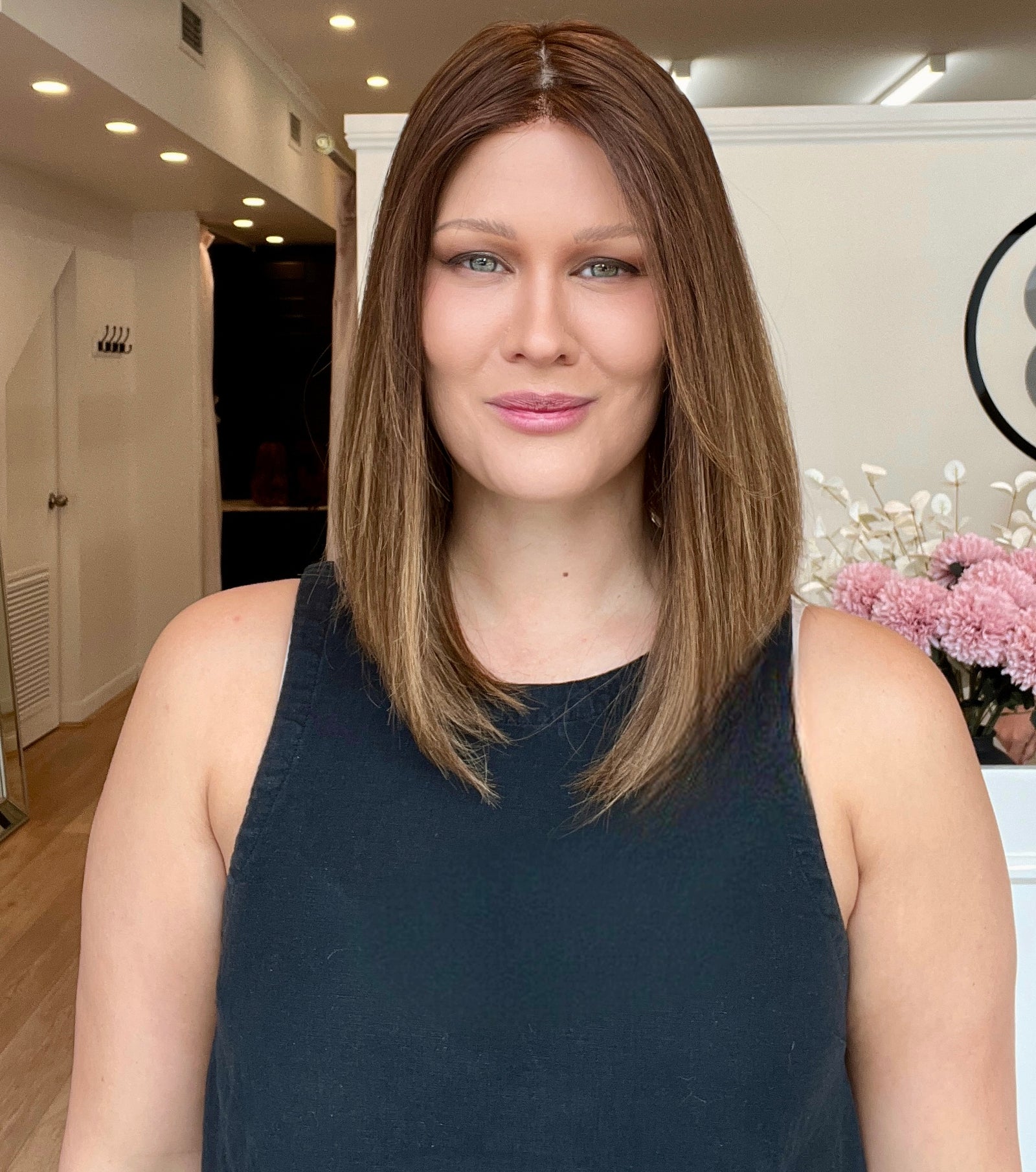 16" Premium Remy Human Hair Wig - Ultra Light Density -  Medium Brown with Balayage