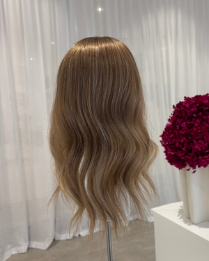 14" MINI Luxury European Human Hair Topper - #12 Light Golden Brown + Balayage