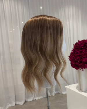 14" MINI Luxury European Human Hair Topper - #12 Light Golden Brown + Balayage